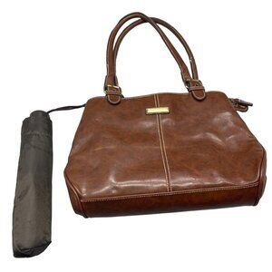 brown faux leather handbag purse include umbrella 12x8" 2 straps READ